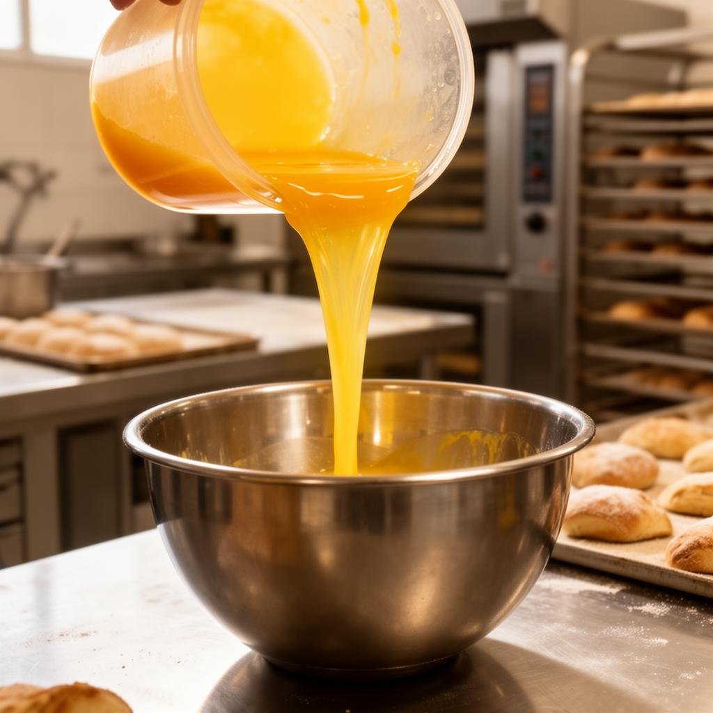 Huevo líquido siendo vertido en cocina profesional para panadería