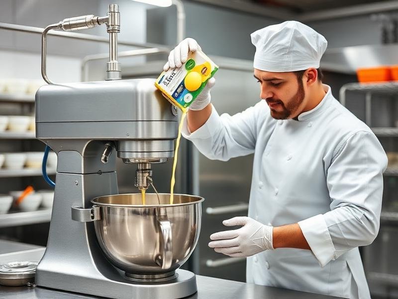 Chef usando huevo líquido en cocina profesional